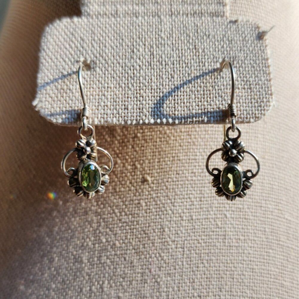 Oval Peridot Earrings - Floral Design - 925 Sterling Silver
